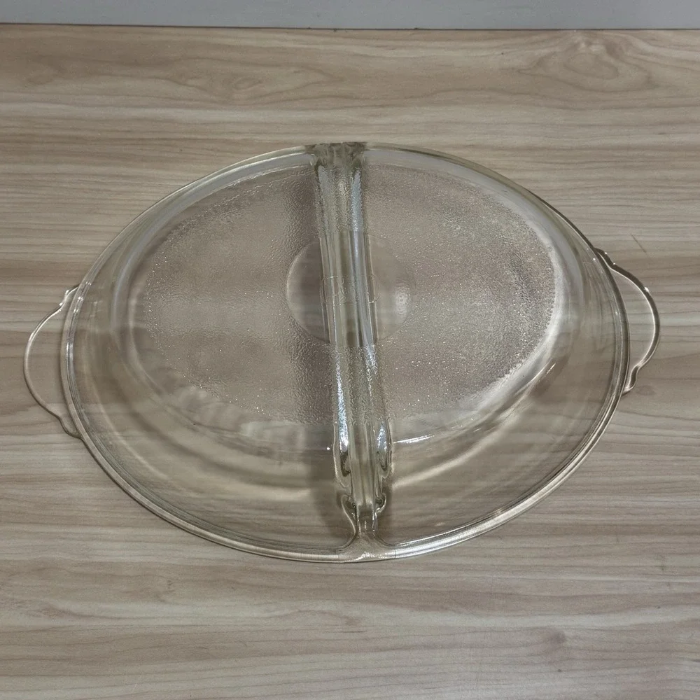 VTG Clear Glass Glasbake Divided Casserole Dish #239 w/Woven Wicker Basket Oval